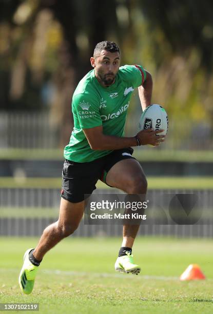 Alex Johnston runs with the ball during a South Sydney Rabbitohs NRL training session at Redfern Oval on March 15, 2021 in Sydney, Australia.