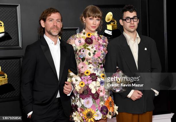 Aaron Dessner, Taylor Swift and Jack Antonoff attend the 63rd Annual GRAMMY Awards at Los Angeles Convention Center on March 14, 2021 in Los Angeles,...