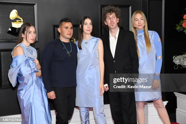 Alana Haim, Rostam Batmanglij, Danielle Haim, Ariel Rechtshaid and Este Haim of HAIM attend the 63rd Annual GRAMMY Awards at Los Angeles Convention...