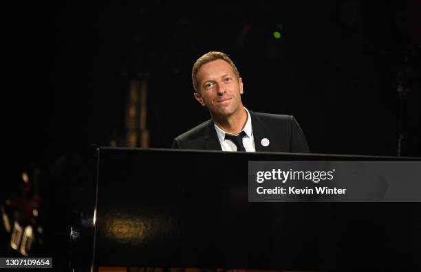 In this image released on March 14, Chris Martin performs onstage during the 63rd Annual GRAMMY Awards at Los Angeles Convention Center in Los...