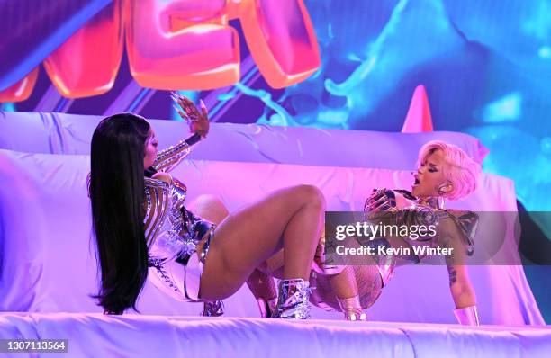 In this image released on March 14, Megan Thee Stallion and Cardi B perform onstage during the 63rd Annual GRAMMY Awards at Los Angeles Convention...