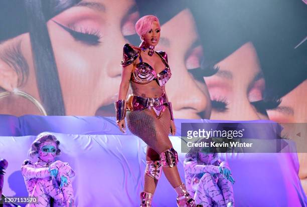 In this image released on March 14, Cardi B performs onstage during the 63rd Annual GRAMMY Awards at Los Angeles Convention Center in Los Angeles,...