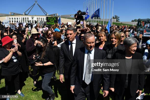 Deputy Leader of the Opposition Richard Marles Leader of the Opposition Anthony Albanese with Senator Kristina Keneally and Senator Penny Wong...