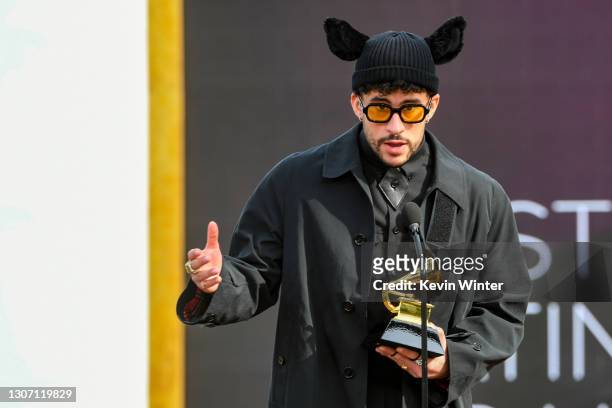 Bad Bunny accepts the Grammy for Best Latin Pop or Urban Album for 'YHLQMDLG' onstage during the 63rd Annual GRAMMY Awards at Los Angeles Convention...