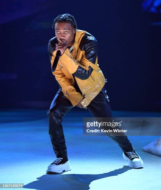 In this image released on March 14, Roddy Ricch performs onstage during the 63rd Annual GRAMMY Awards at Los Angeles Convention Center in Los...