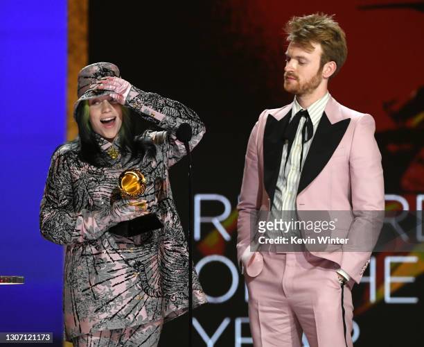 Billie Eilish and FINNEAS accept the Record of the Year award for 'Everything I Wanted' onstage during the 63rd Annual GRAMMY Awards at Los Angeles...