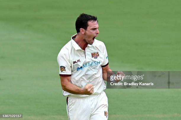 Jack Wildermuth of Queensland celebrates taking the wicket of Peter Handscomb of Victoria during day one of the Sheffield Shield match between...