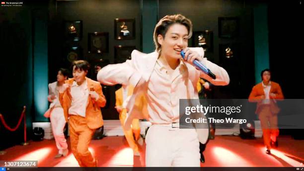 In this screengrab released on March 14, Jungkook of BTS performs onstage during the 63rd Annual GRAMMY Awards broadcast on March 14, 2021.