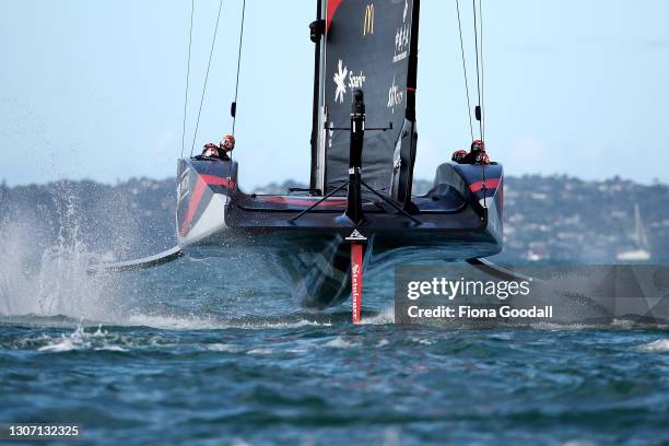 Emirates Team New Zealand during the America's Cup Race between Emirates Team New Zealand and Luna Rossa Prada Pirelli Team on Auckland Harbour on...