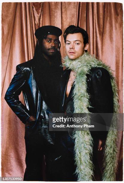 Dev Hynes and Harry Styles pose for The 2021 GRAMMY Awards on March 14, 2021 in Los Angeles, California.
