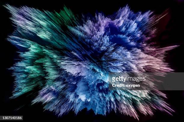 colored powder explosion speed motion radial green blue abstract on black background - powder explosion stock pictures, royalty-free photos & images