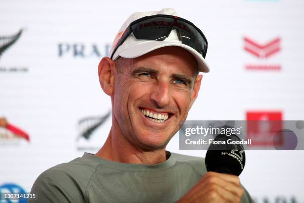 Prada Luna Rossa helmsman Francesco Bruni speaks to media after race of the America's Cup Race between Emirates Team New Zealand and Luna Rossa Prada...