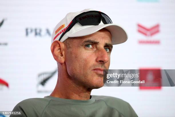 Prada Luna Rossa helmsman Francesco Bruni speaks to media after race of the America's Cup Race between Emirates Team New Zealand and Luna Rossa Prada...