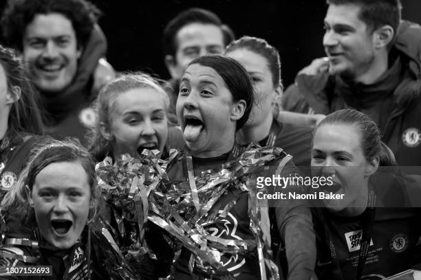 Sam Kerr of Chelsea celebrates during the trophy presentation after her teams victory in the FA Women's Continental Tyres League Cup Final match...