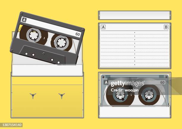 bildbanksillustrationer, clip art samt tecknat material och ikoner med fram-, bak- och sidovy av musikkassettbandsväskor - audio cassette