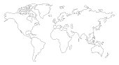 World map. Hand drawn simple stylized continents silhouette in minimal line outline thin shape. Vector Illustration.
