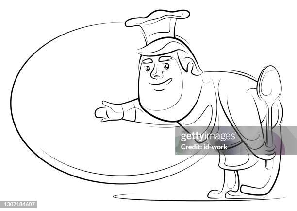 chef holding spoon and presenting line drawing - confident presenter stock illustrations
