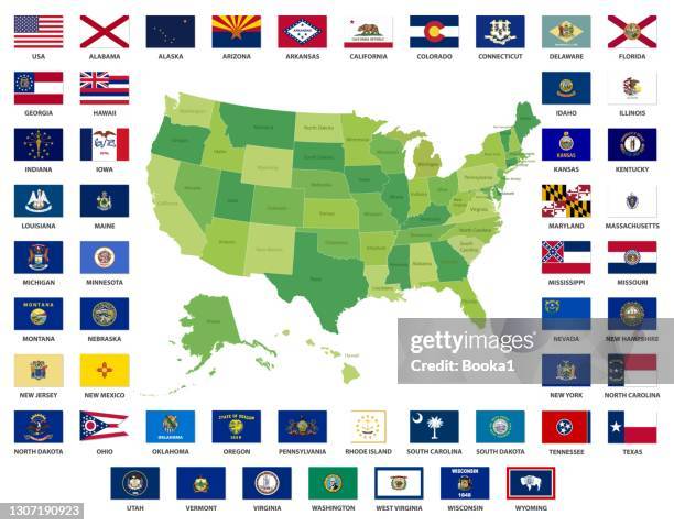 high detailed usa map with complete flag collection - utah flag stock illustrations