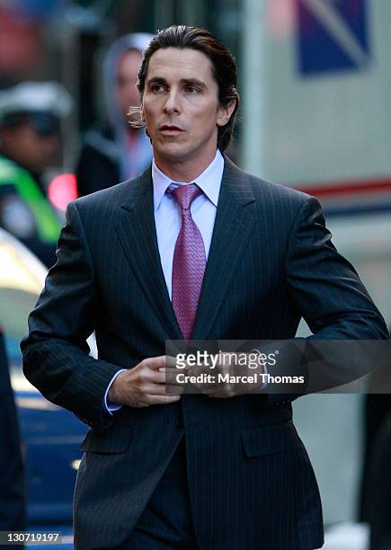 Actor Christian Bale is seen on the set of the movie " The Dark Knight Rises" on location in midtown Manhattan on October 28, 2011 in New York City.