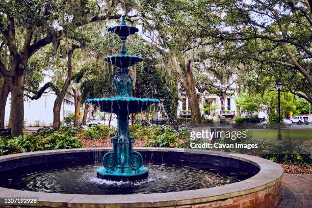 fountain in public square with willow trees in background - savannah bildbanksfoton och bilder