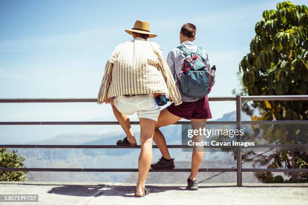 alternative young travellers lookout at dry summer landscape view - guadalajara mexique photos et images de collection