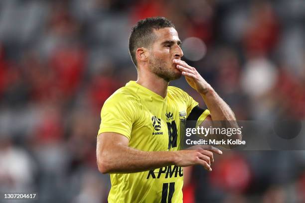 Tomer Hemed of the Phoenix celebrates after kicking a goal only to have the goal over turned on review during the A-League match between the Western...