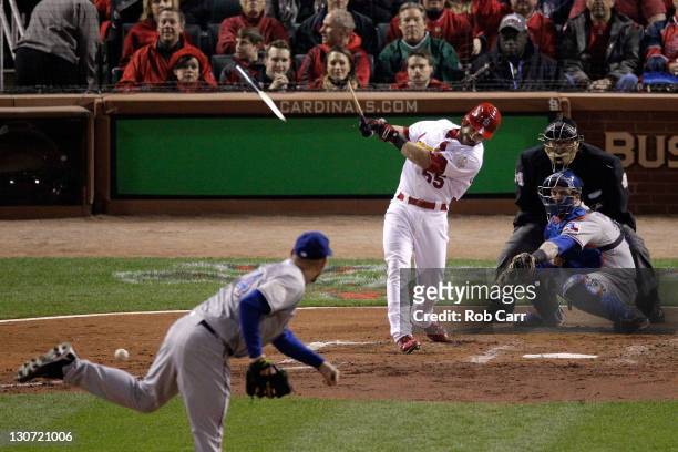 Skip Schumaker of the St. Louis Cardinals gets a broken bat ground out in the fourth inning during Game Seven of the MLB World Series against the...