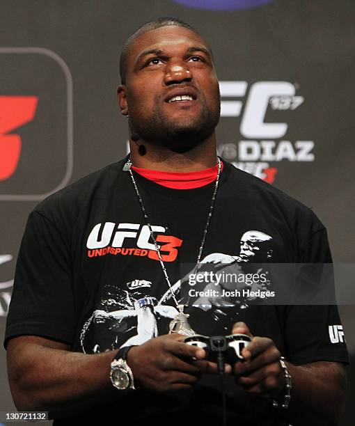 Former UFC champion Quinton "Rampage" Jackson plays the UFC Undisputed 3 video game on stage before the UFC 137 weigh-in at the Mandalay Bay Events...