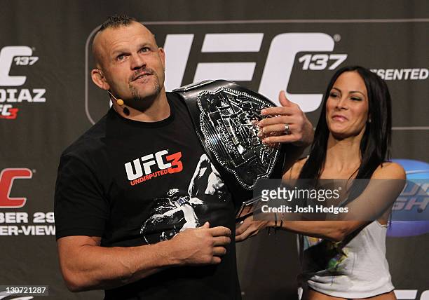 Former UFC champion Chuck Liddell holds the THQ Pride Championship Belt after defeating Quinton "Rampage" Jackson on the UFC Undisputed 3 video game...