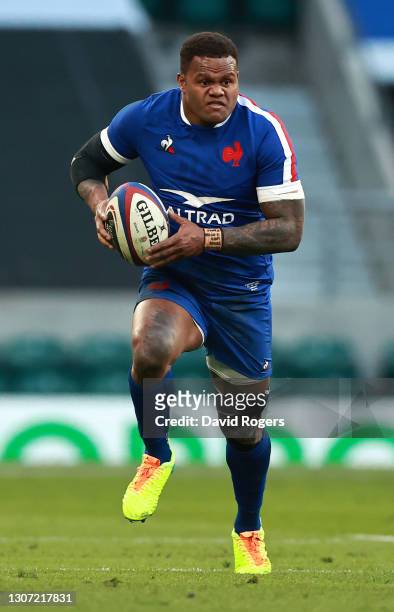 Virimi Vakatawa of France runs with the ball during the Guinness Six Nations match between England and France at Twickenham Stadium on March 13, 2021...