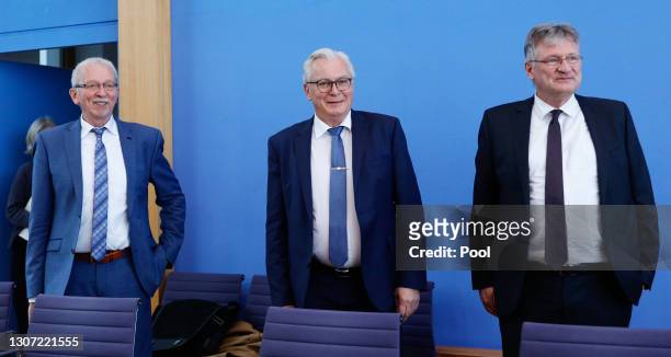 Joerg Meuthen , co-leader of the Alternative for Germany political party, arrives with Bernd Goegel , AfD lead cnadidate in Baden-Wuerttemberg and...