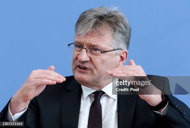 Joerg Meuthen, co-leader of the Alternative for Germany political party, speaks to the media the day after elections in the states of...
