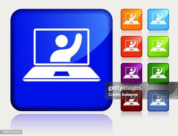 laptop computer with video chat icon - hello different languages stock illustrations