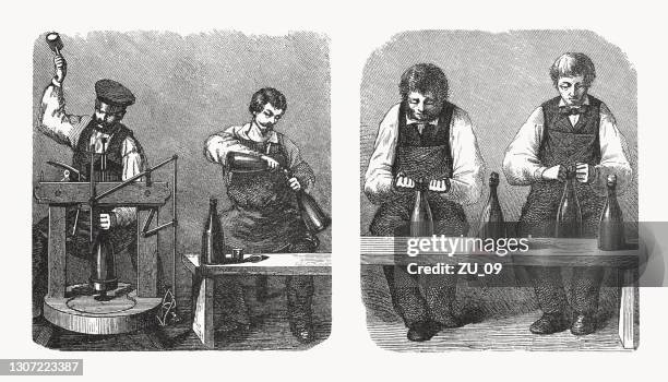 filling and sealing of champagne bottles, wood engravings, published 1893 - french culture stock illustrations stock illustrations