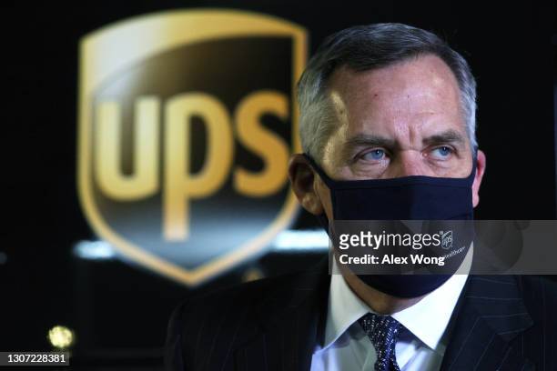 President of Global Healthcare and Life Sciences of United Parcel Service Wes Wheeler speaks to members of the press during a tour at a UPS facility...