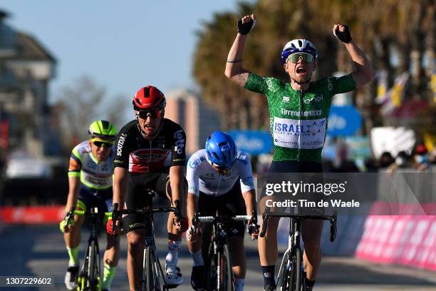 Arrival / Mads Wurtz Schmidt of Denmark and Team Israel Start-Up Nation Green Mountain Jersey Celebration, Brent Van Moer of Belgium and Team Lotto...