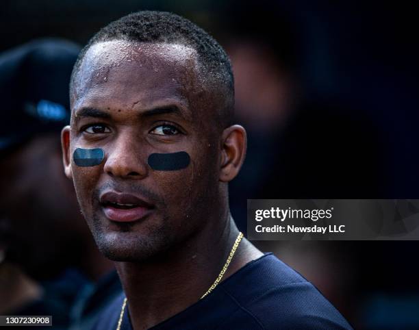 New York Yankees' third baseman Miguel Andujar in the dugout during the Yankees second pre-season game against the Tampa Bay Rays at spring training...