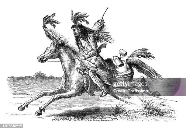 native american riding on horse 1864 - sioux culture stock illustrations