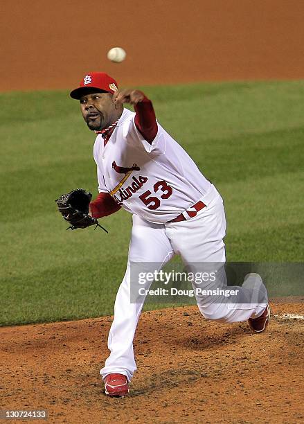 Arthur Rhodes of the St. Louis Cardinals pitches in the seventh inning during Game Seven of the MLB World Series against the Texas Rangers at Busch...