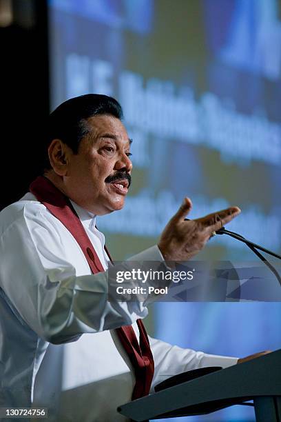 President of Sri Lanka Mr Mahinda Rajapaksa addresses a Sports Breakfast at the Commonwealth Heads of Government Meeeting on October 29, 2011 in...