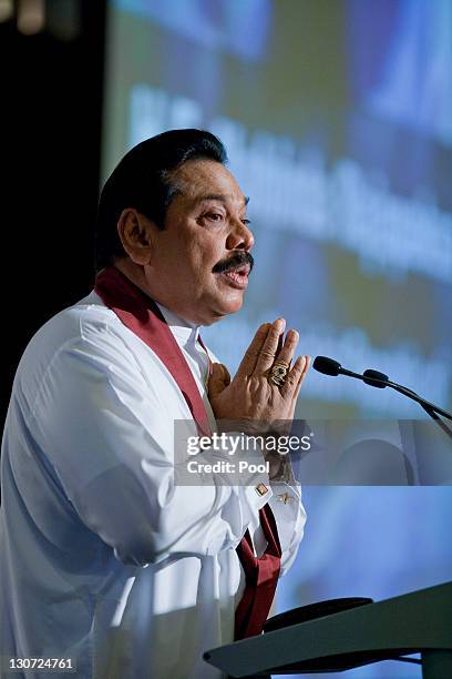 President of Sri Lanka Mr Mahinda Rajapaksa addresses a Sports Breakfast at the Commonwealth Heads of Government Meeeting on October 29, 2011 in...
