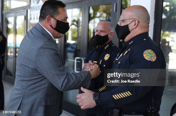 The City of Miami's new Police Chief Art Acevedo greets officers after his introduction at City Hall on March 15, 2021 in Miami, Florida. Acevedo is...