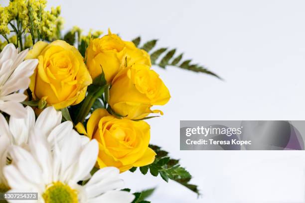 yellow roses with daisies on white - funeral flowers stockfoto's en -beelden