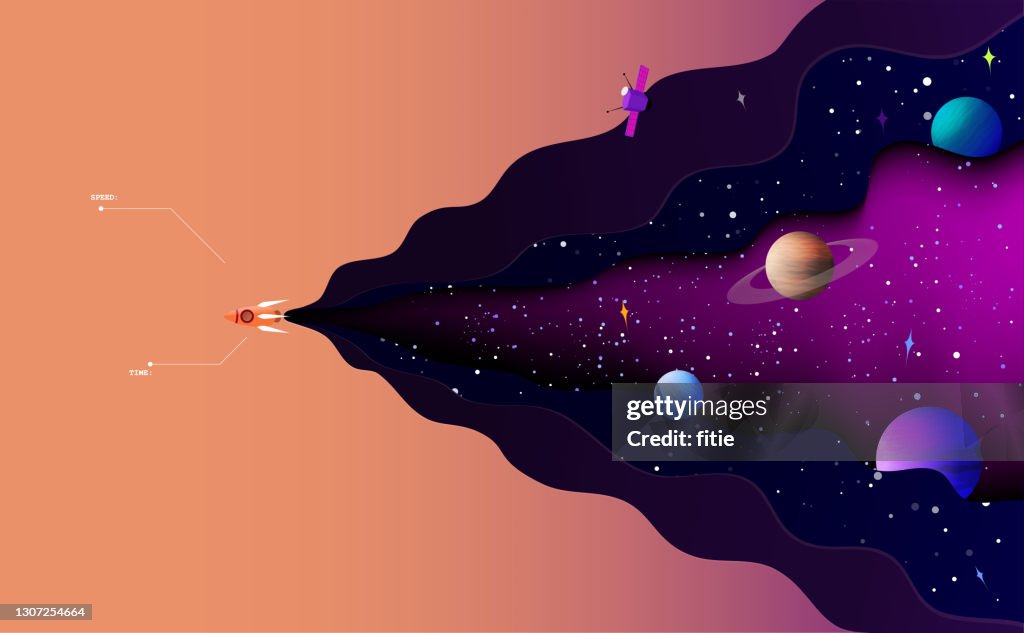 Vektor-Illustration der Weltraumerkundung. Das Raumschiff segelt allein im Sternenuniversum.