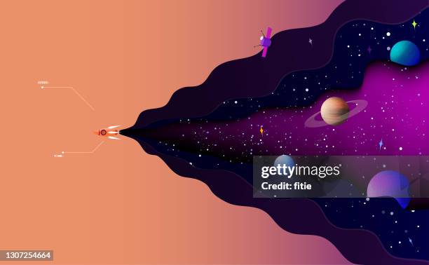 stockillustraties, clipart, cartoons en iconen met vectorillustratie van ruimteverkenning. het ruimteschip vaart alleen in het sterrenhemel. - outer space