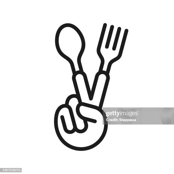 hand-friedenszeichen mit gabel und löffel - restaurant logo stock-grafiken, -clipart, -cartoons und -symbole