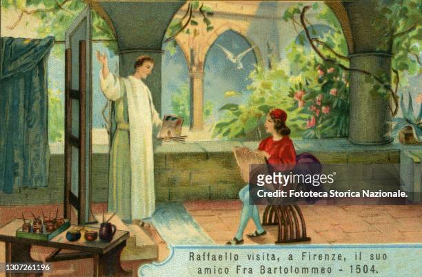 Raffaello Sanzio Raphael visits his friend Fra Bartolomeo in Florence, 1504. Liebig figurine from the 'Raffaello' series, Italy 1905.