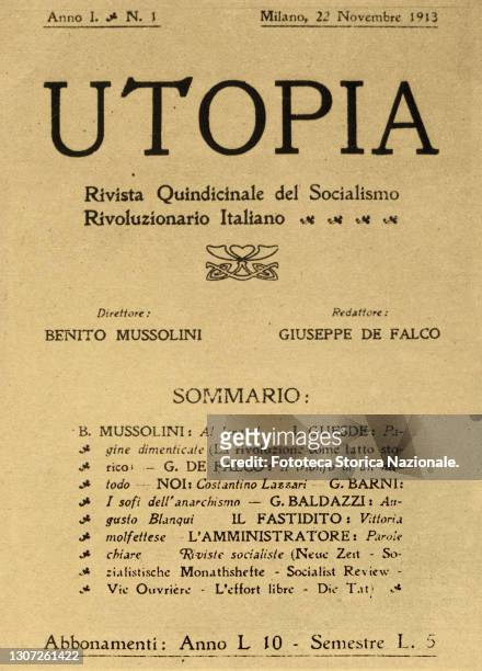 Cover of the first issue of 'Utopia', year I, issue 1 of the ideological magazine of Italian Revolutionary Socialism, edited by Benito Mussolini ....