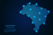 Abstract image Brazil map from point blue and glowing stars on a dark background