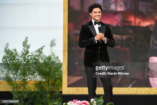 Trevor Noah speaks onstage during the 63rd Annual GRAMMY Awards at Los Angeles Convention Center on March 14, 2021 in Los Angeles, California.